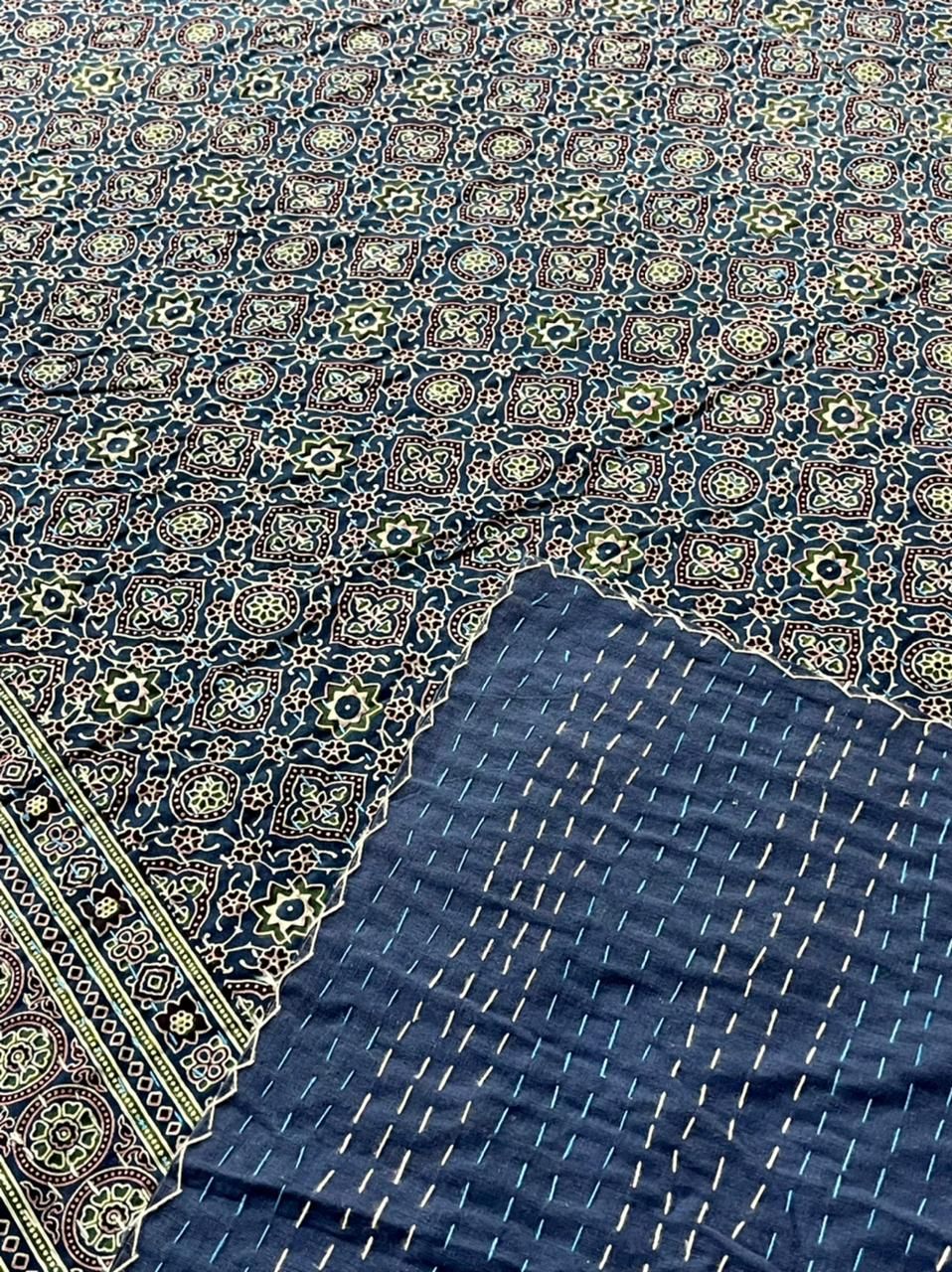 Indigo Ajrakh Kantha Bedcover