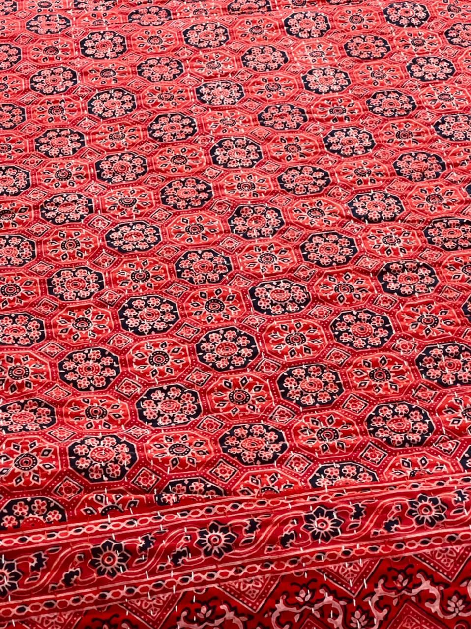 Red Ajrakh Kantha Bedcover