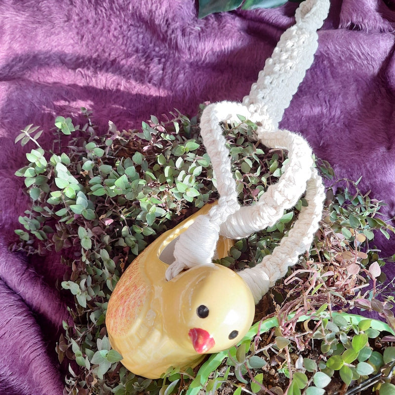 Yellow Hand-knotted Ceramic Bird with Macrame Hanging