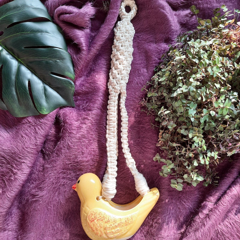 Yellow Hand-knotted Ceramic Bird with Macrame Hanging