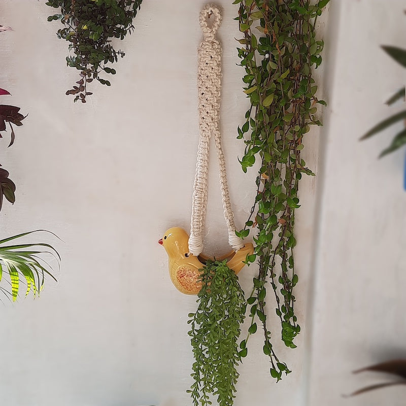 Yellow Hand-knotted Ceramic Bird with Macrame Hanging