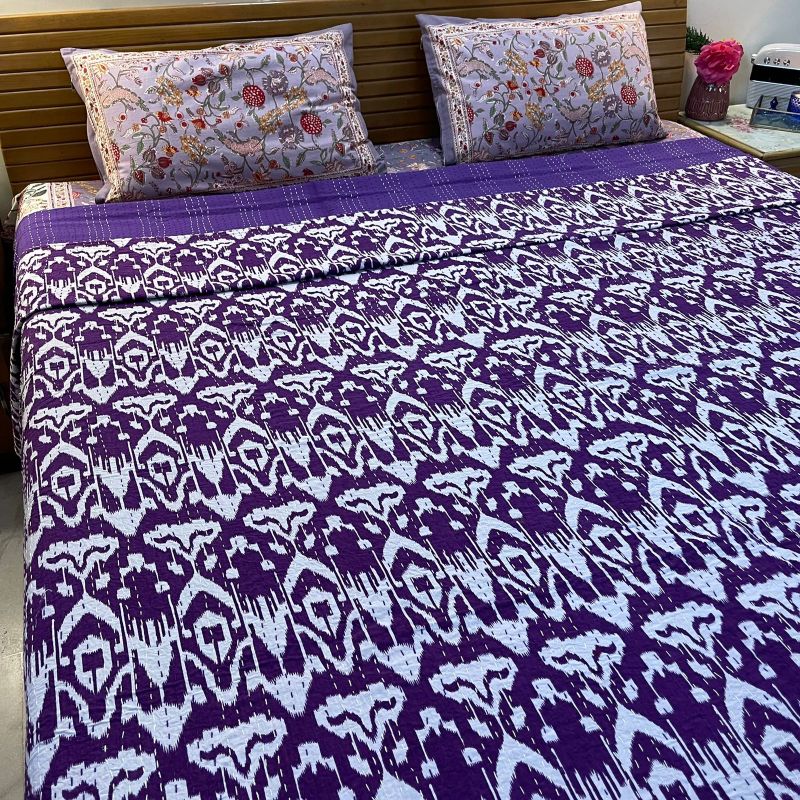 Purple & White Kantha Work (Queen Size) Bedcover