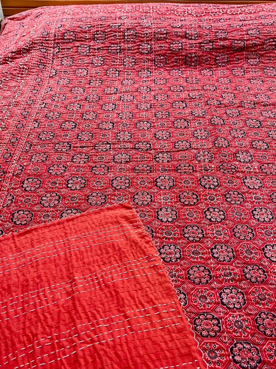 Red Ajrakh Kantha Bedcover