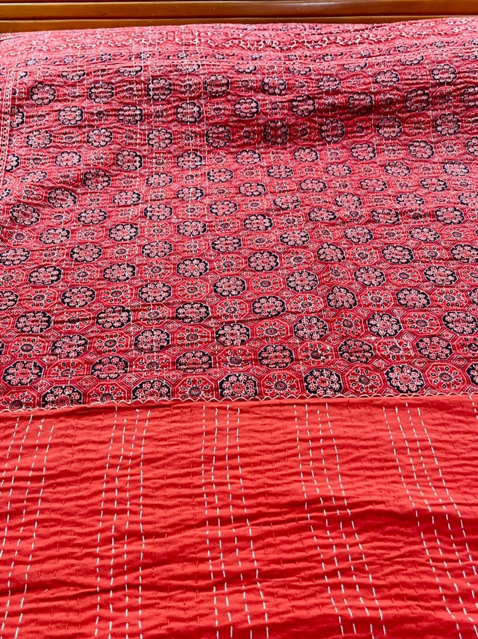 Red Ajrakh Kantha Bedcover