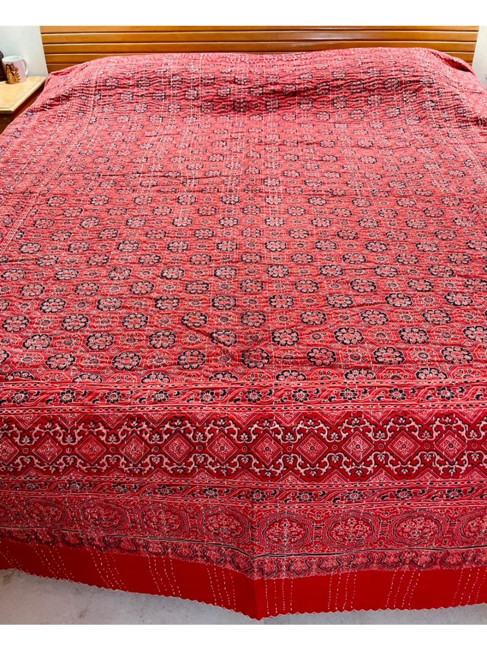 Red Ajrakh Kantha Bedcover