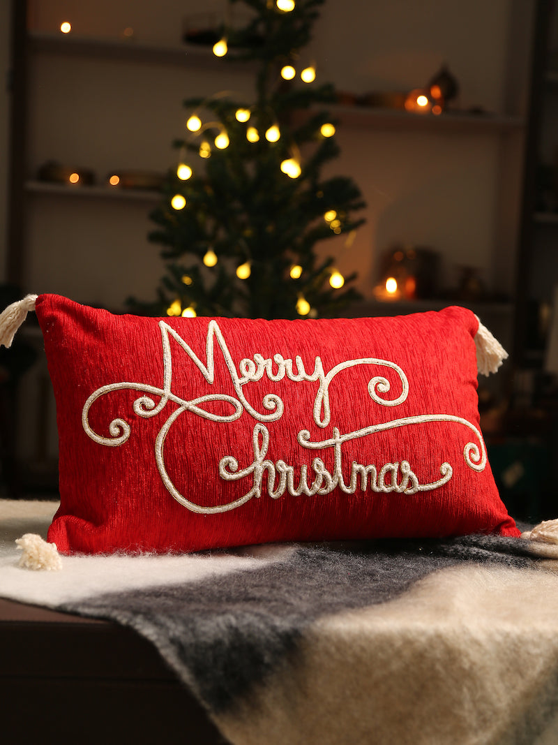 Red Merry Christmas Embroidered Cushion Cover