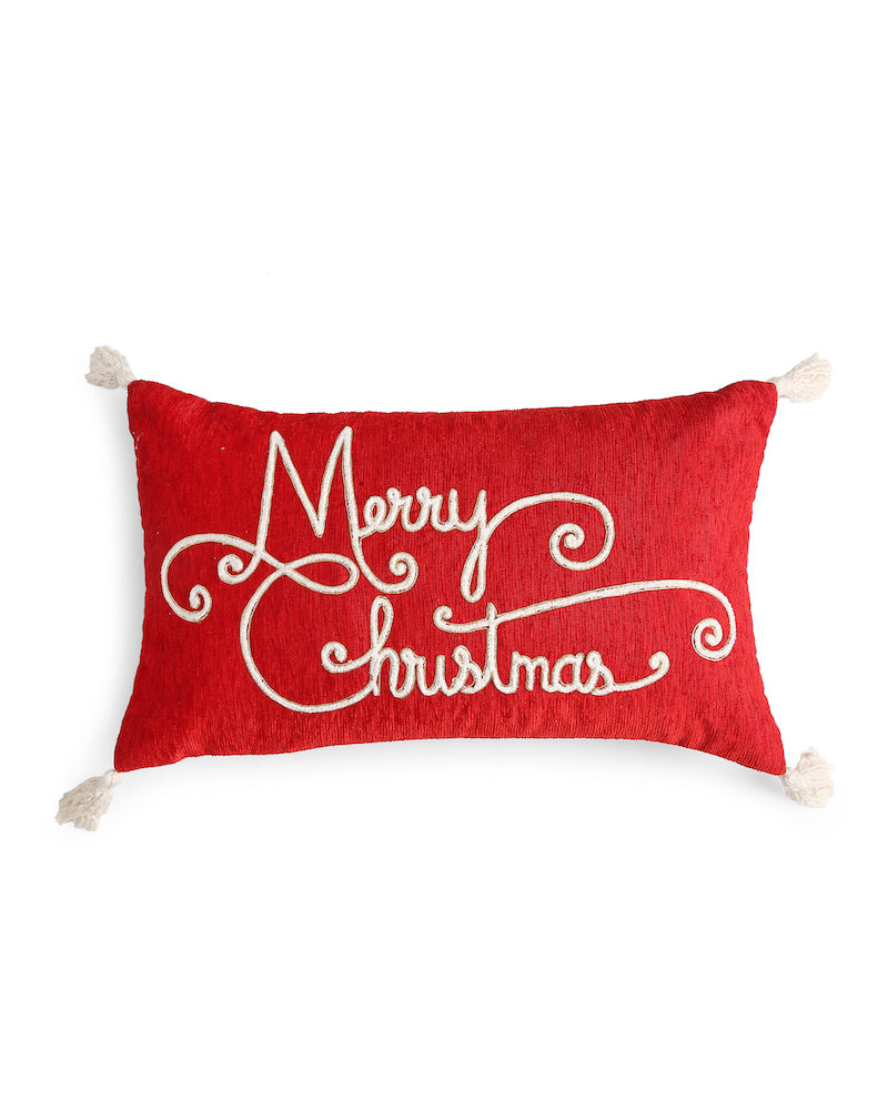 Red Merry Christmas Embroidered Cushion Cover