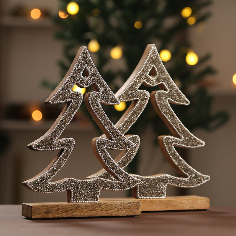 Wooden Trees with Silver Beads (Set of 2)