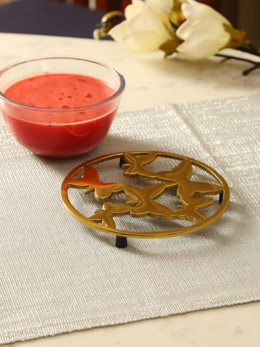 Butterfly Design Round Trivet In Matt Gold Finish