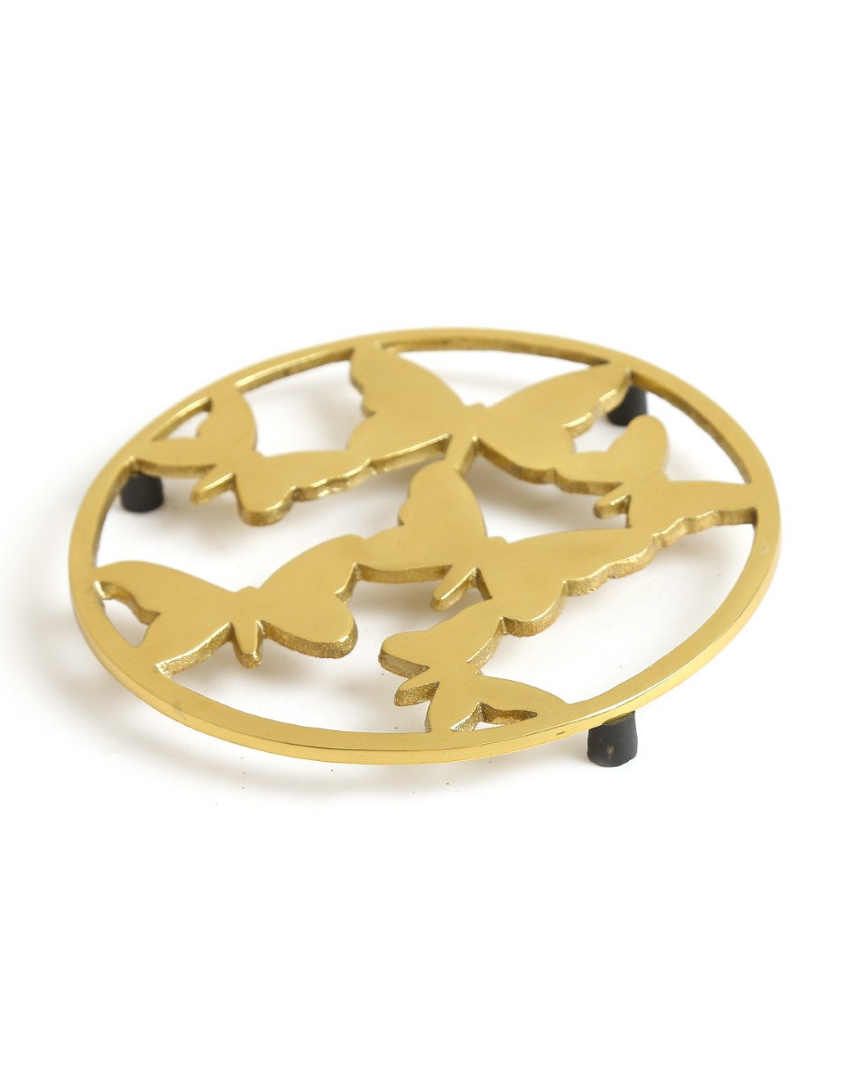 Butterfly Design Round Trivet In Matt Gold Finish