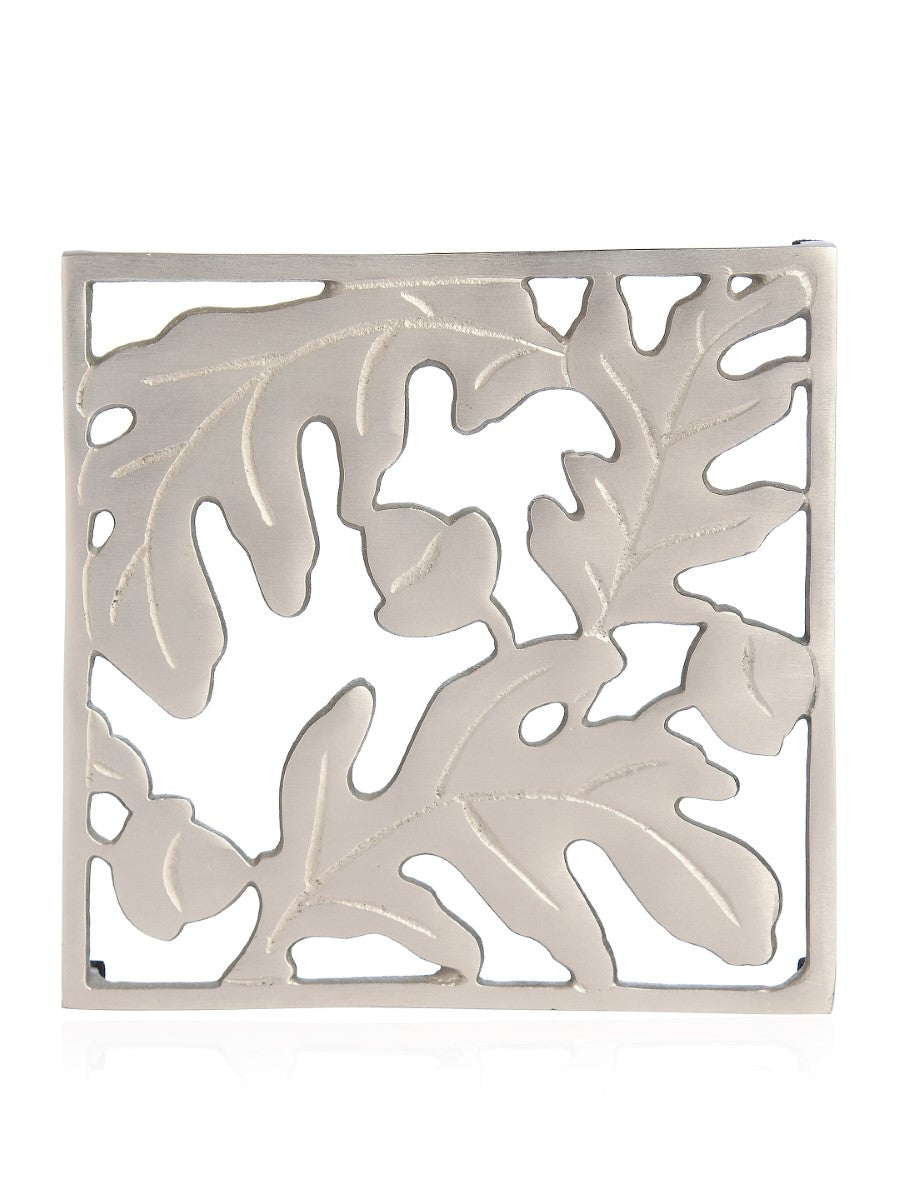 Leaf Design Square Trivet In Matt Silver