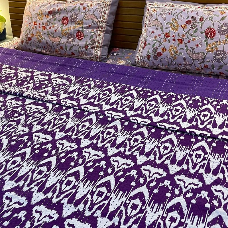 Purple & White Kantha Work (Queen Size) Bedcover