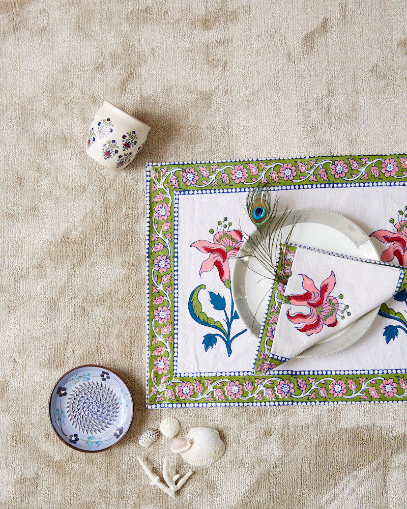 Hibiscus Handblock Printed Table Mat & Napkins (Set of 6)