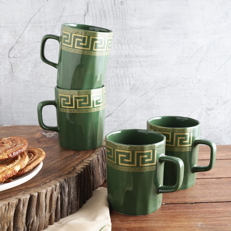 Green Glazed & Golden Coffee Mugs (Set of 4)