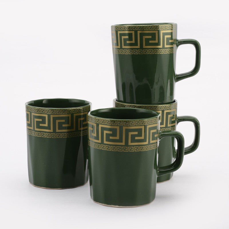 Green Glazed & Golden Coffee Mugs (Set of 4)